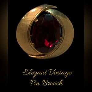 Vintage Gold- tone on Brass With Large Red Glass Cabochon Brooch